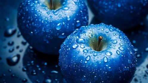 Saturated blue apples with macro water droplets on skin.