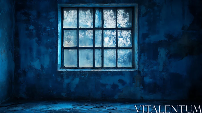Soft blue window quietly brightens a weathered empty room