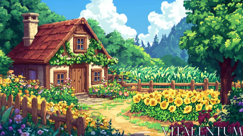 Sunlit cottage garden glows with flowers and rustic charm.