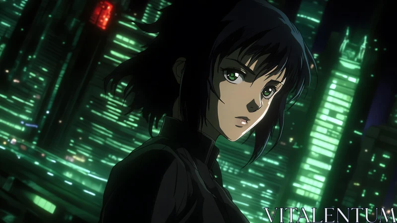 Cybernetic heroine in neon cityscape under high contrast lighting