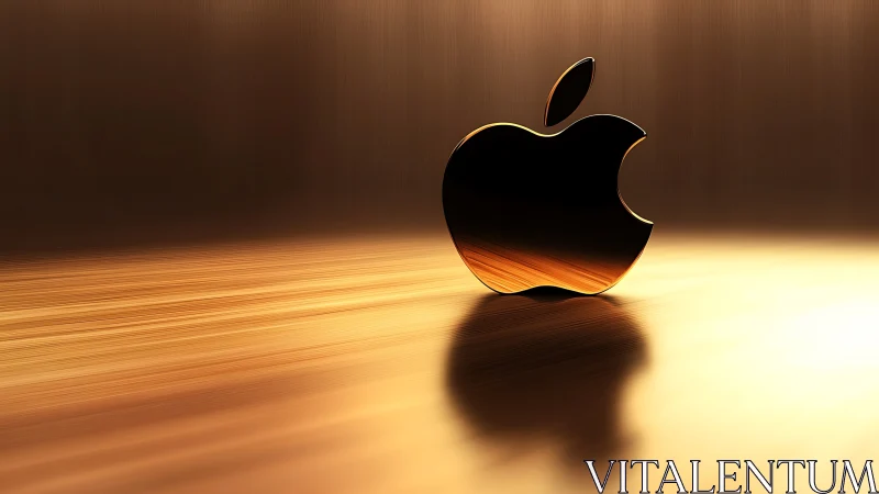 Apple logo rendered with golden ambient lighting on wooden surface