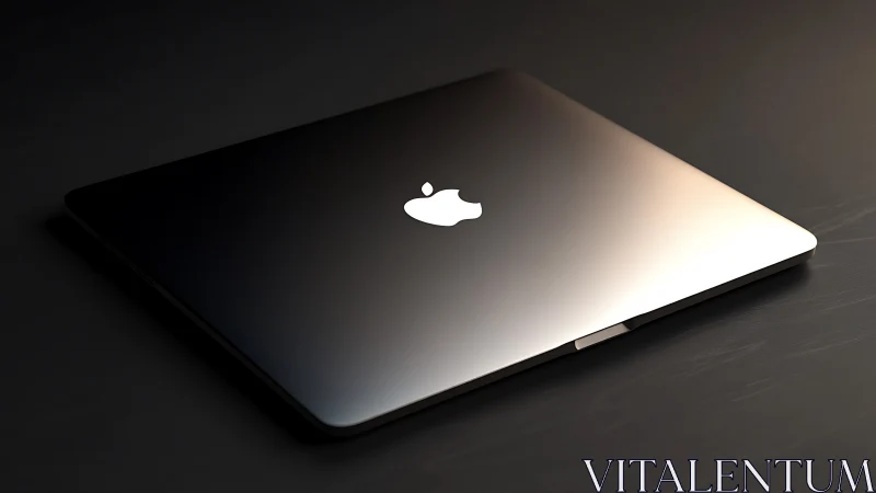 Silver MacBook Pro laptop with illuminated Apple logo on dark desk surface