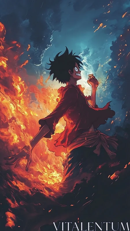 Anime hero strides through bifurcated storm of fire and sky