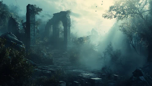 Mystic stone ruins in misty forest with dramatic sunrays.