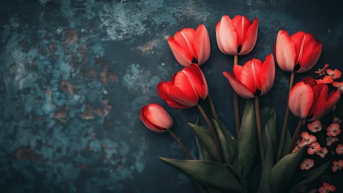 Red Tulips on Distressed Teal Background. Still Life Study.
