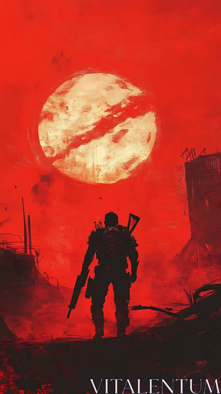 Lone armored soldier confronts a blood-red apocalyptic sun.