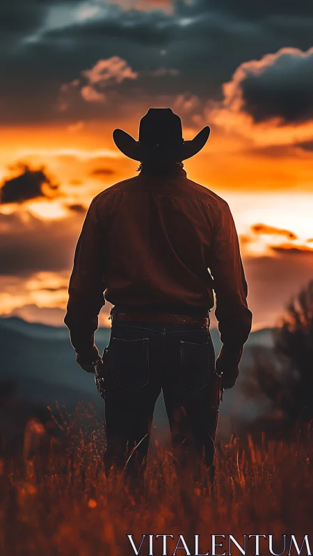 Lone cowboy gazing into a golden, wide open sunset sky.