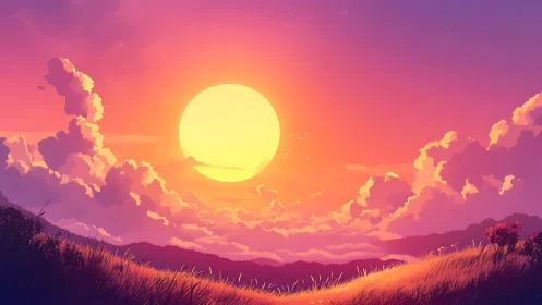 Sun-drenched dreamscape over glowing violet hills at dusk.