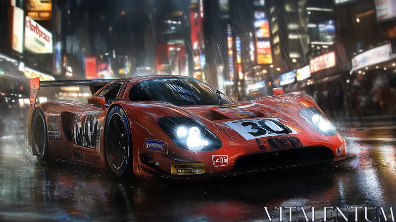 Rain-slashed neon racetrack crowns a crimson endurance beast.