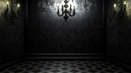 Gothic interior corner with chandeliers and low key dramatic lighting