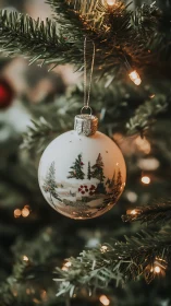 White glass bauble with winter forest motif on lit tree