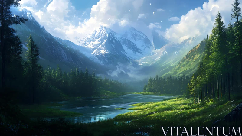 Glacial alpine valley lake beneath sunlit snowcapped peaks