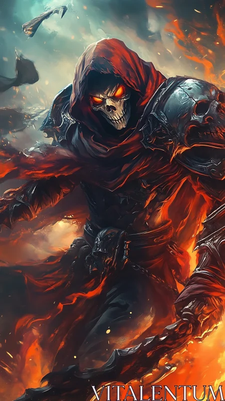 Fiery cloaked reaper strides through swirling inferno.