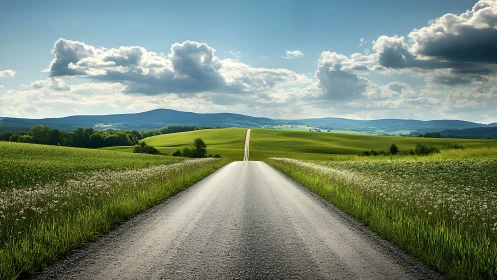 Straight rural asphalt road extends through green agricultural fields