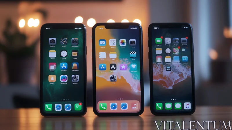 Tri-phone comparative layout in shallow-depth product portraiture.