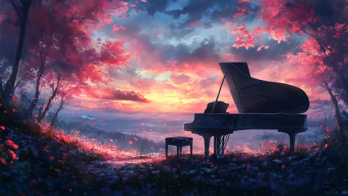 Grand piano silhouetted against chromatic dusk horizon field.
