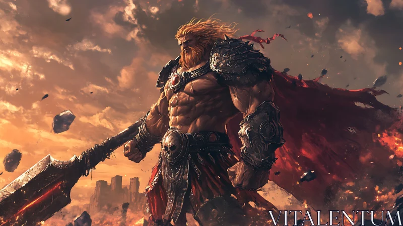 Armored barbarian warlord under apocalyptic burning sky