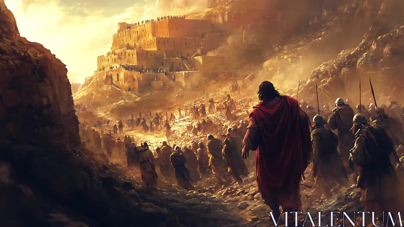 Ancient army advances toward sunlit desert fortress stronghold