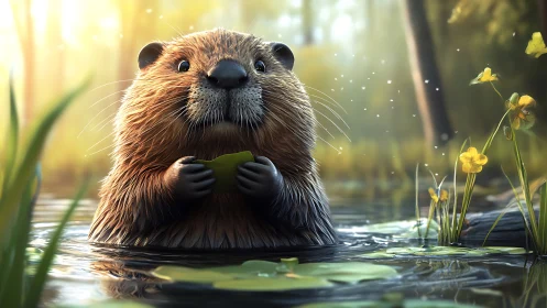 Gentle river otter enjoying a leafy snack in golden light.