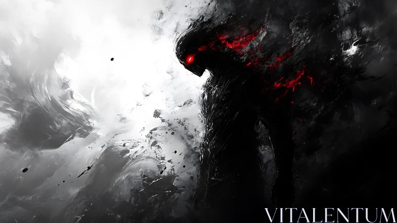 Dark humanoid silhouette stands amid abstract swirling clouds