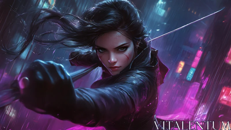 Neon lit warrior holds her blade steady in the storm