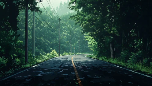 Rural Forest Highway with Yellow Centerline and Utility Poles