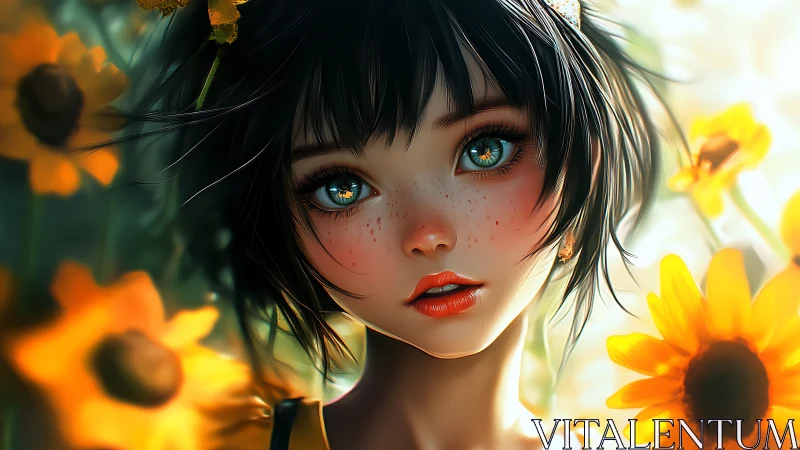 Freckled girl gazes among sunflowers in glowing summer light.