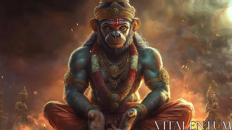 Divine humanoid monkey deity seated in fiery temple scene.