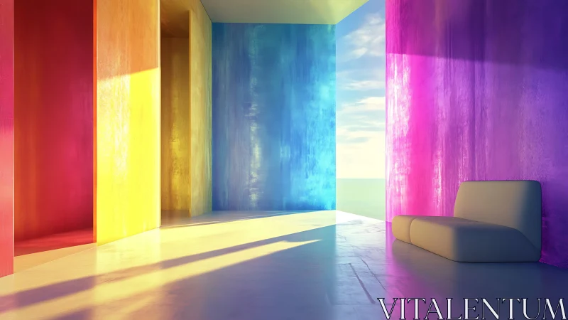 Chromatic minimalist interior with luminous gradient walls.