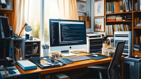 Sunlit programmer’s home office glows with focused calm