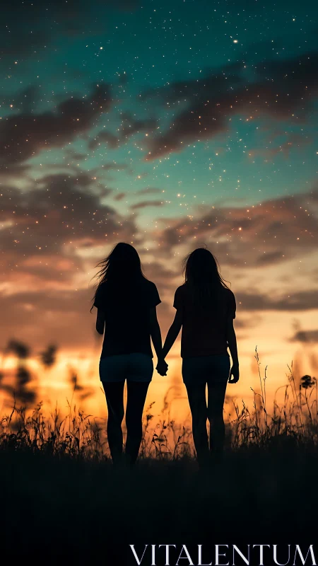 Two Silhouettes Holding Hands Under Starlit Sky at Dusk.