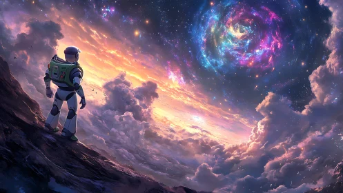 Space explorer gazes into a swirling cosmic vortex sky.
