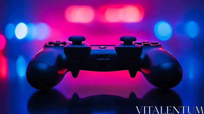 Black game controller rests under neon blue pink light