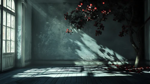 Sunlit empty room with shadowed tree and red leaves.