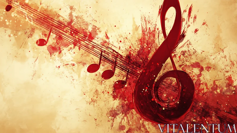 Red treble clef and musical notes on textured beige background.