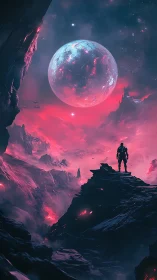 Wanderer gazing at a glowing alien moonlit horizon.