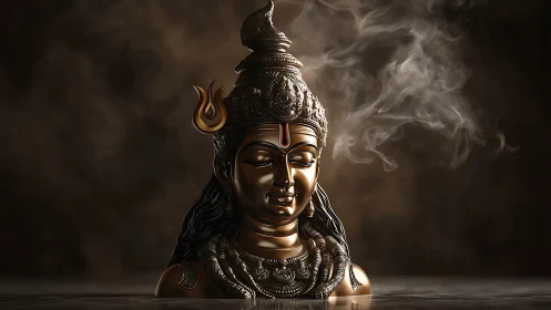 Golden Shiva bust rises from dark misty water surface