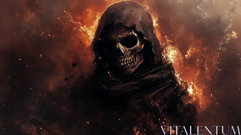 Fiery hooded skeleton emerges calmly from swirling embers