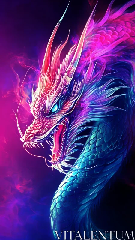 Neon serpentine dragon in luminous magenta cyan aura.