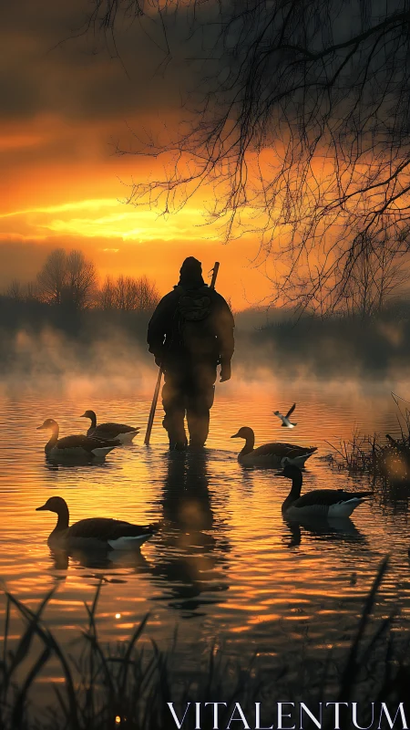Silhouetted figure stands in shallow water among geese at dawn