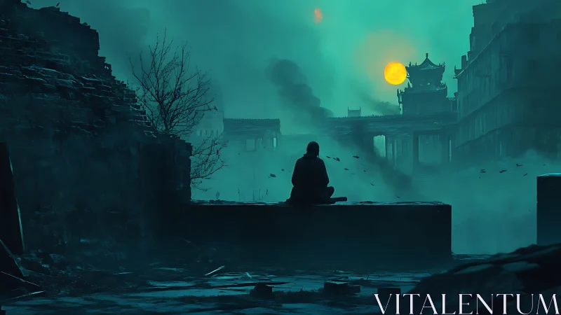 Solitary figure surveys cyan mist over ruined neon temple city
