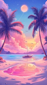 Neon pastel tropical lagoon with sailboat at stylized sunset