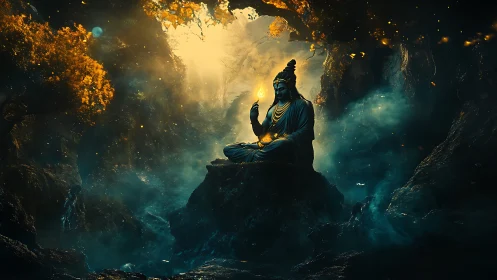 Mystic forest deity meditates in glowing ethereal light.