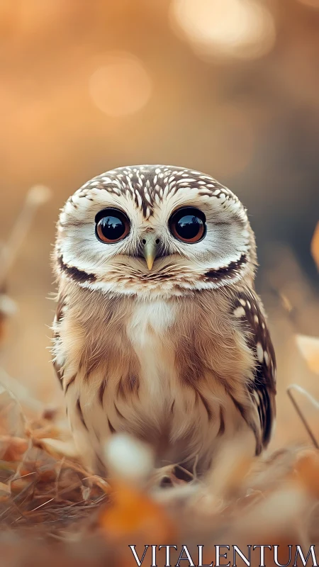 Small owl stands alert in soft autumn bokeh light