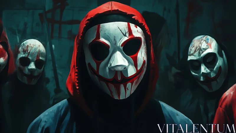 Hooded masked figures in low-key lighting with smeared red paint