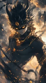 Horned ember spirit wrapped in molten chains of dusk.