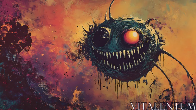 Cosmic void predator with bioluminescent eye in infernal nebula