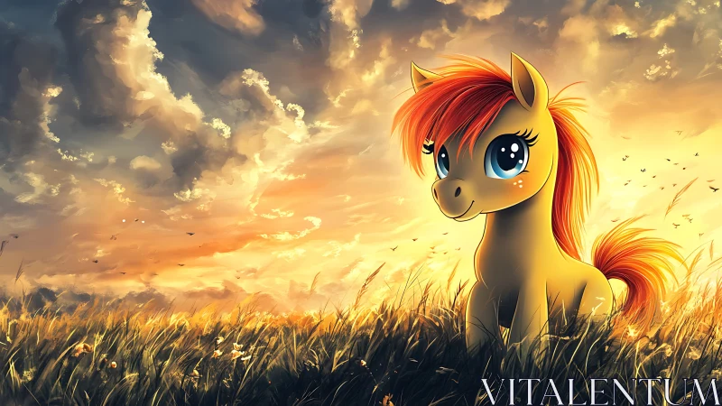 Sunlit cartoon pony standing in glowing meadow at dusk.