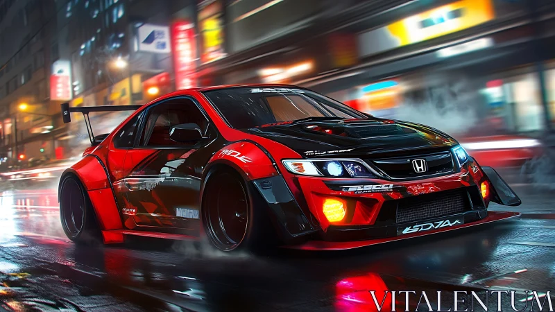 Red black Honda street racer on neon city night circuit.