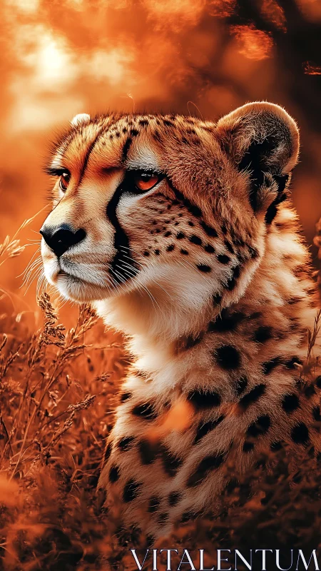 Cheetah portrait against glowing orange savanna light.